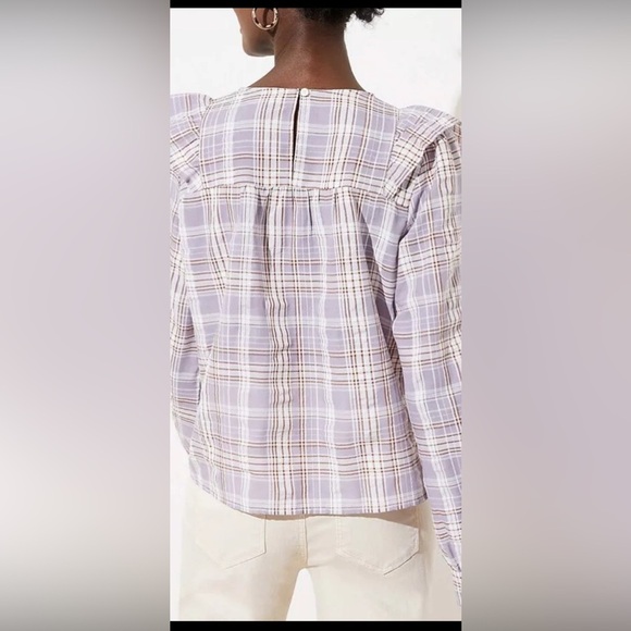 Ann Taylor LOFT  Women Frosted Lavender Plaid Ruffle Cropped Blouse, L Prairie - Picture 2 of 12